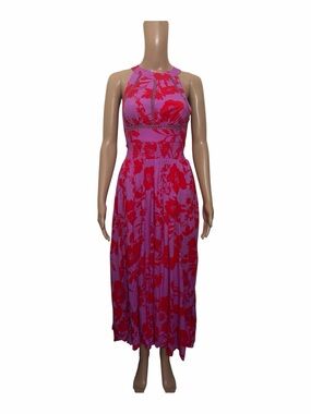 Abel the label sleeveless Pink Maxi Dress with Red Floral Print